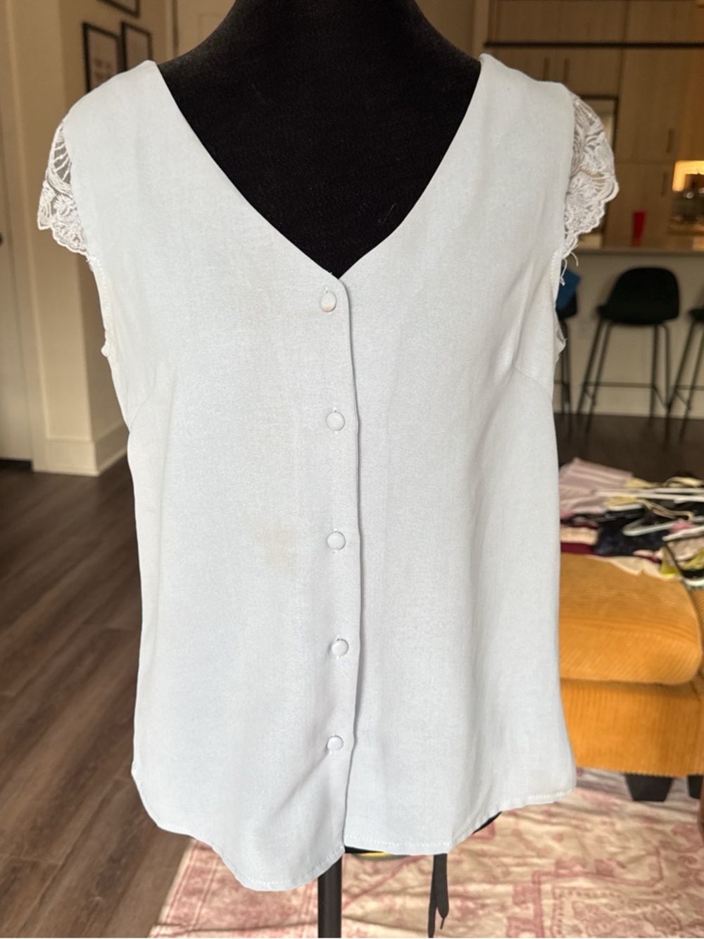 SHEIN Pale Blue V-Neck Lace Sleeve Button Front Top